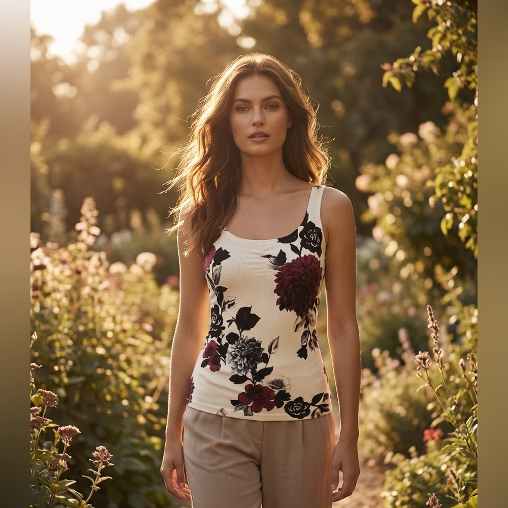 White House Black Market Floral sweater Tank Top XS ribbed cream black red tan